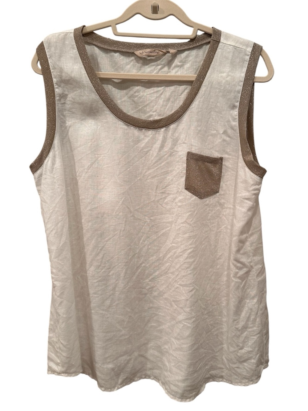 100% Linen White Tank Metallic Tan Trim & Pocket Boho Beach Lightweight Sz L